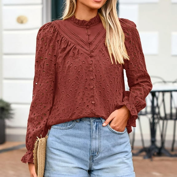 frariair ​Feminine Button-Down Pullover Shirt Featuring Hollow-Out Lace Detail And Flowy Silhouette For Date Nights And Holiday Parties​ Red