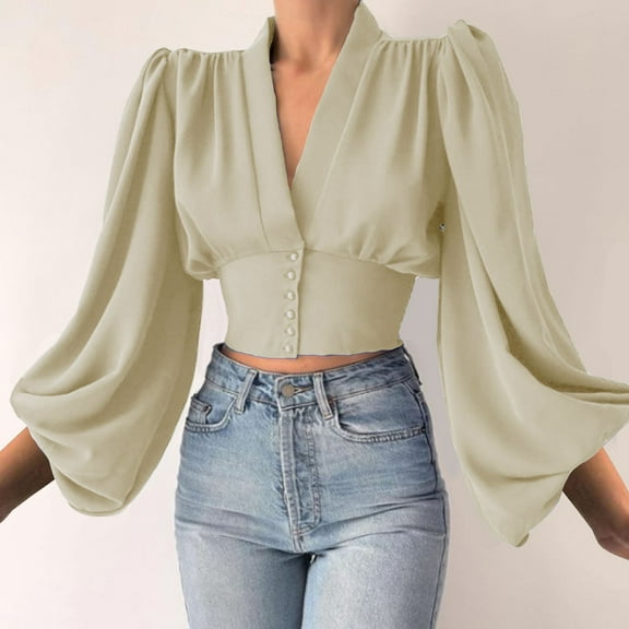 frariair ​Feminine V-Neck Shirt Top For Women Featuring Chic Puff Sleeves And Flowy Fabric Perfect For Date Nights And Party Ready Ensembles​ Khaki