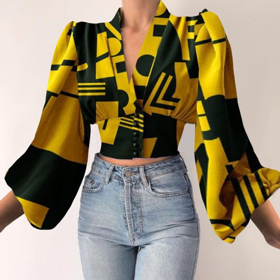 frariair ​Feminine V-Neck Shirt Top For Women Featuring Chic Puff Sleeves And Flowy Fabric Perfect For Date Nights And Party Ready Ensembles​ Yellow