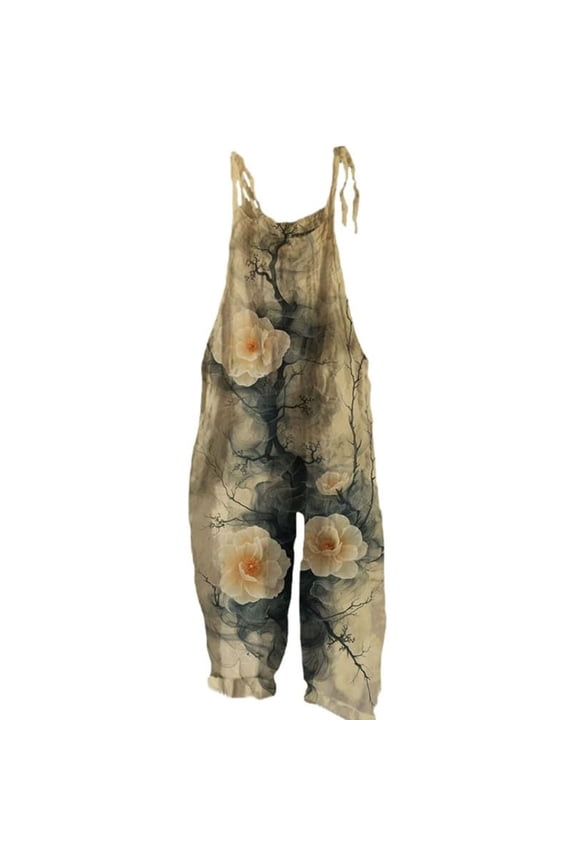 Floral Print Boho Jumpsuit For Women Deep Back Wide Leg Romper With Adjustable Neckline Resort Chic Grey