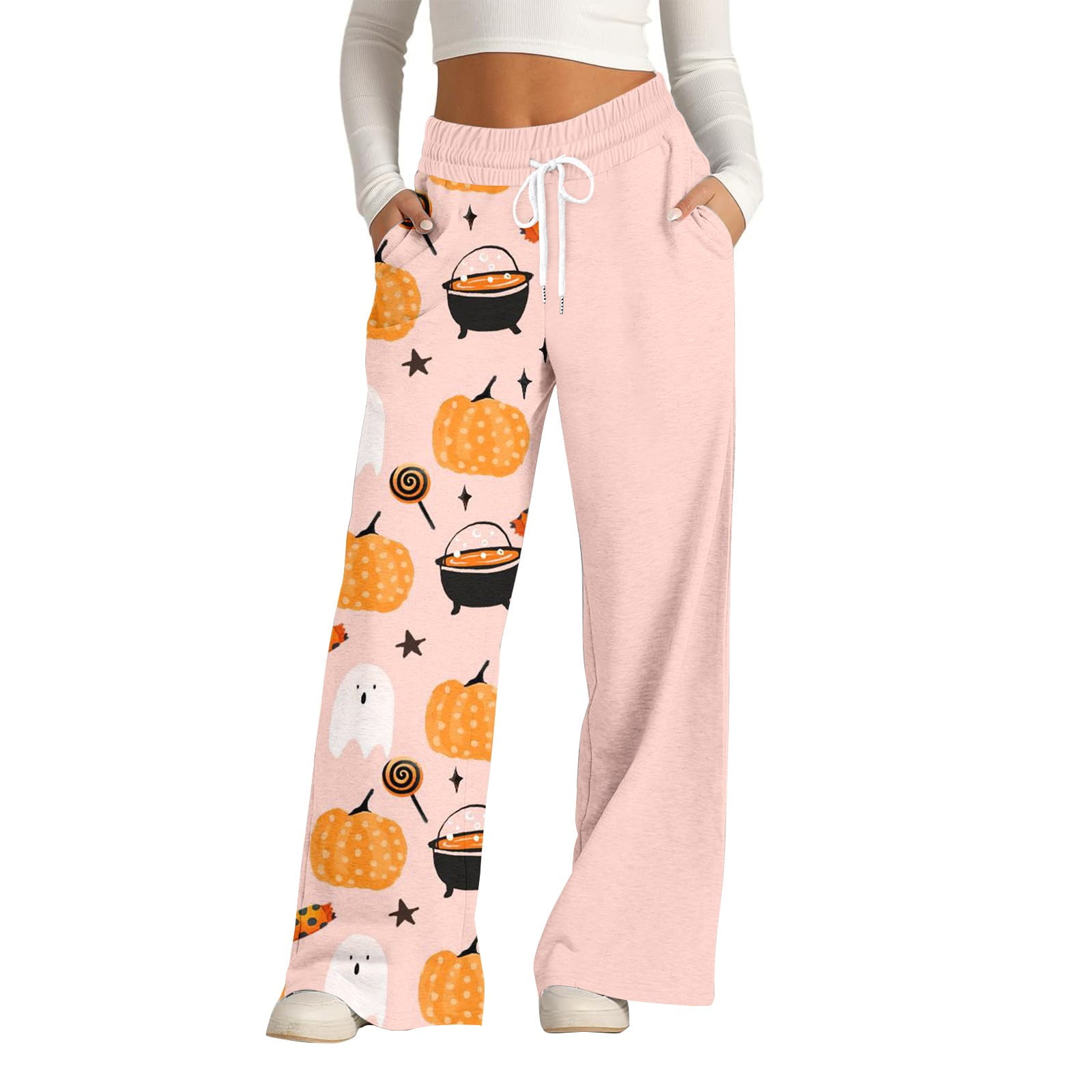 frariair Halloween Sweatpants Women Pumpkin Print Wide Leg Joggers