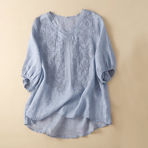 frariair Handcrafted Cotton Linen Blouse Featuring Vintage Embroidery Perfect For Artisan Markets And Cottagecore Aesthetics Blue