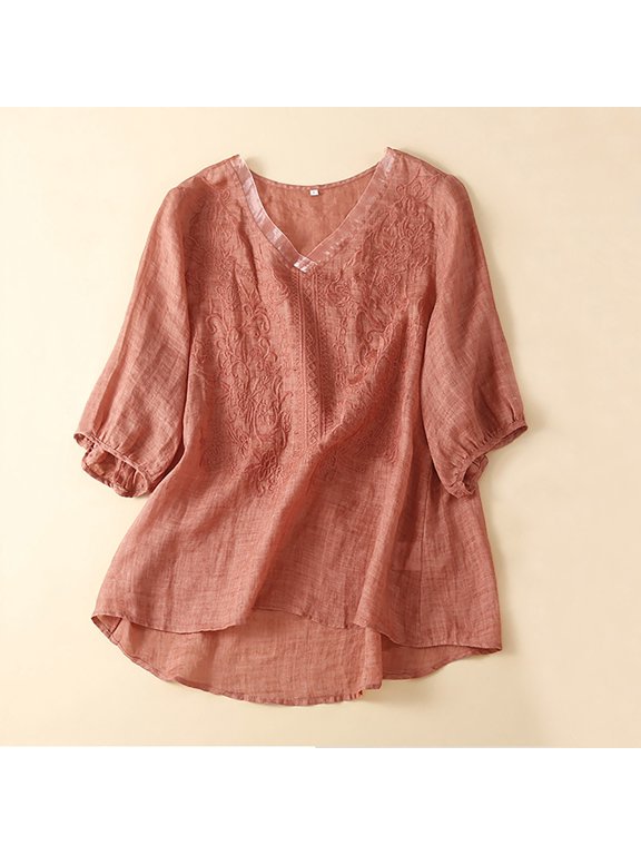 Handcrafted Cotton Linen Blouse Featuring Vintage Embroidery Perfect For Artisan Markets And Cottagecore Aesthetics Red