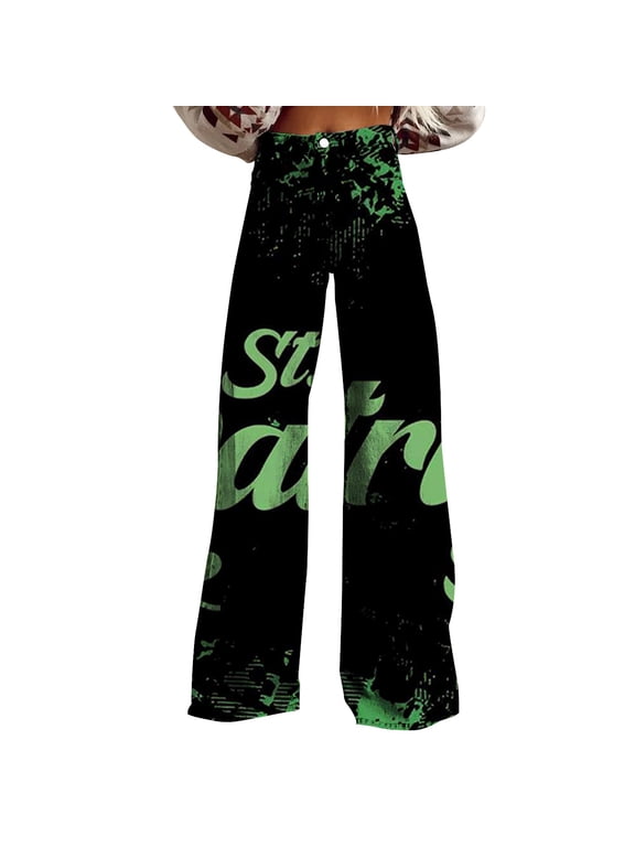High Waisted Jeans for Women Wide Leg Pants Woman Waist Floral Patterned Lightweight Loose Fit Casual Colorful Trouser Imitation Black