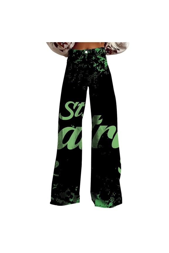 High Waisted Jeans for Women Wide Leg Pants Woman Waist Floral Patterned Lightweight Loose Fit Casual Colorful Trouser Imitation Black