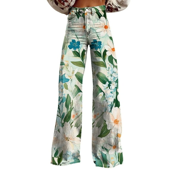 frariair High Waisted Jeans for Women Wide Leg Pants Woman Waist Floral Patterned Lightweight Loose Fit Casual Colorful Trouser Imitation Light Blue