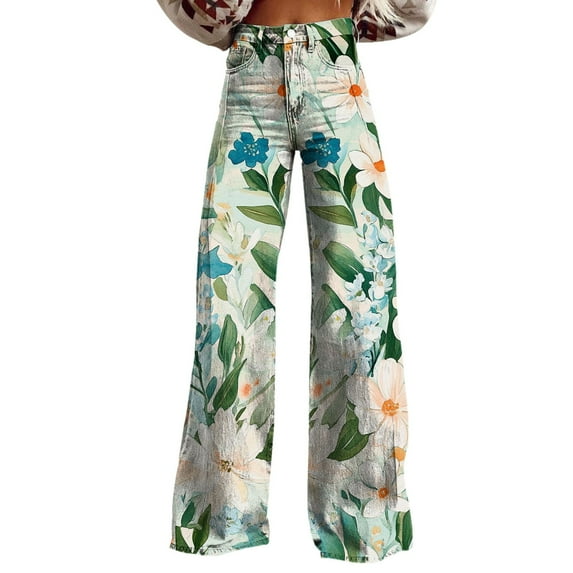 frariair High Waisted Jeans for Women Wide Leg Pants Woman Waist Floral Patterned Lightweight Loose Fit Casual Colorful Trouser Imitation Light Blue