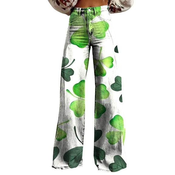 frariair High Waisted Jeans for Women Wide Leg Pants Woman Waist Floral Patterned Lightweight Loose Fit Casual Colorful Trouser Imitation Mint Green