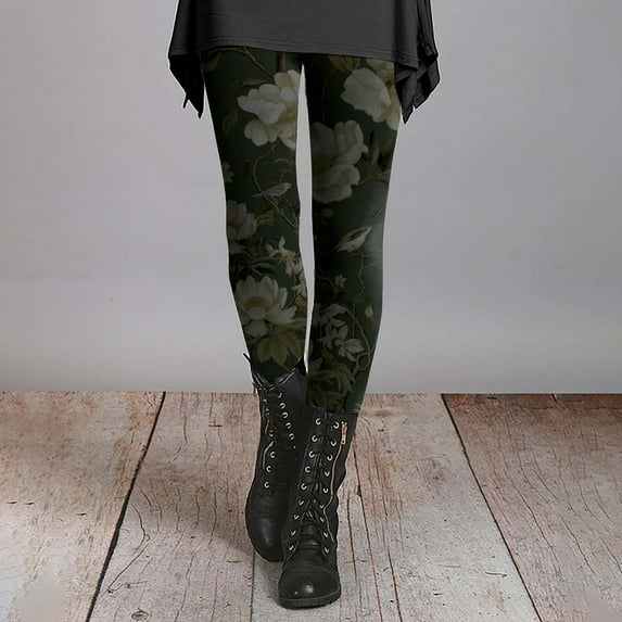 frariair High Waisted Leggings for Women Autumn And Winter Artistic Splash Printed Soft Stretchy Pants Features: Floral Green