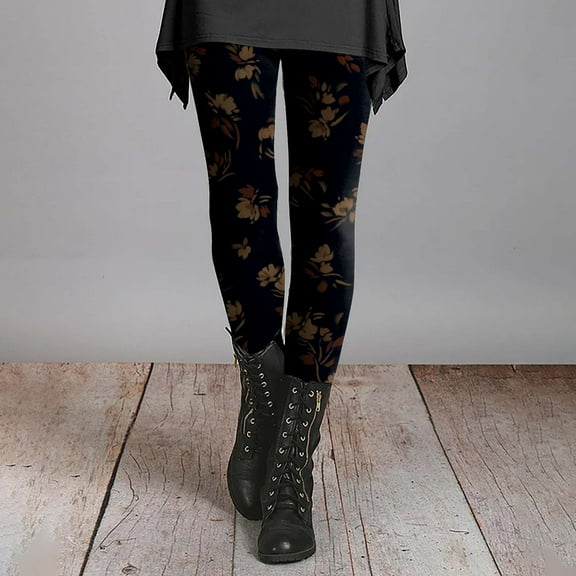 frariair High Waisted Leggings for Women Autumn And Winter Artistic Splash Printed Soft Stretchy Pants Features: Floral Yellow