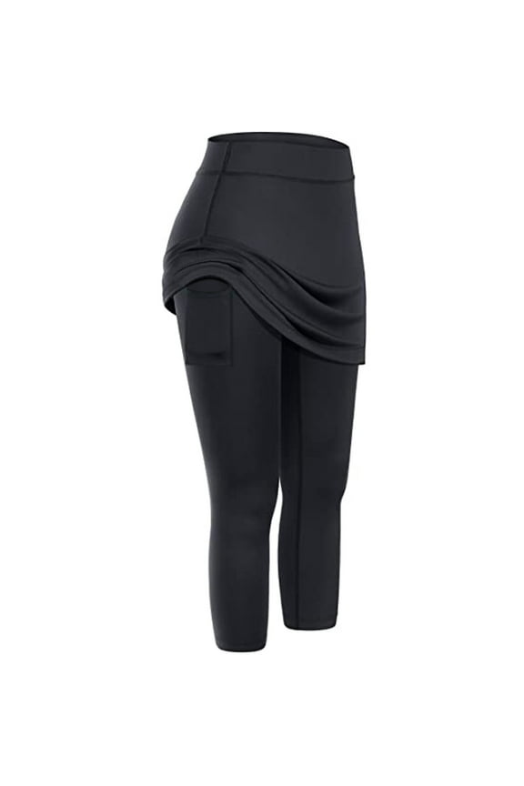 High Waisted Leggings for Women Tennis Skirted Pockets Elastic Sports Yoga Capris Skirts Legging Black