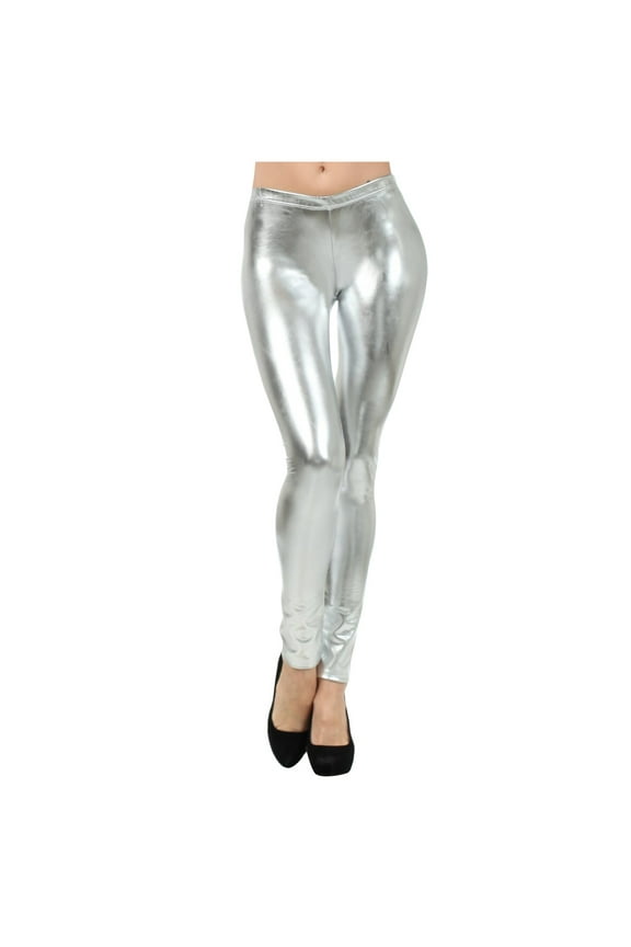 High Waisted Leggings for Womens Shiny Faux Leather Pants Clubwear Trousers Tight Body Silver