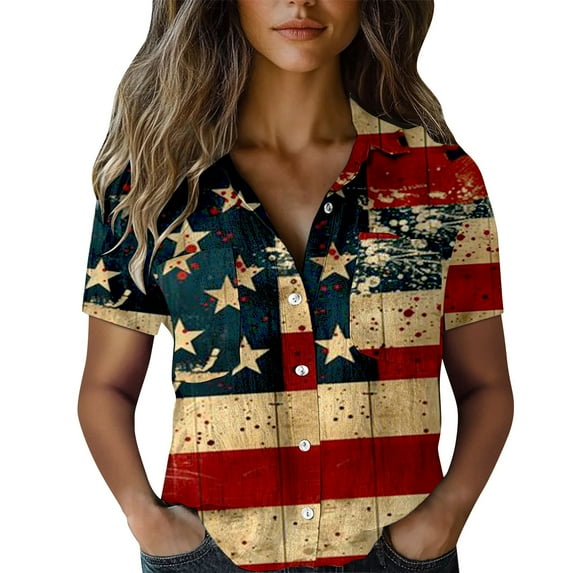 frariair Independence Day Women's Trendy Bubble Wrinkled Short Sleeve Shirt With Flag Print Design Khaki