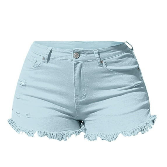 frariair Jean Shorts for Women Spring/Summer Wash Vintage Worn Solid High Waist Beaded Edge Denim Blue