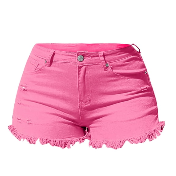 frariair Jean Shorts for Women Spring/Summer Wash Vintage Worn Solid High Waist Beaded Edge Denim Pink