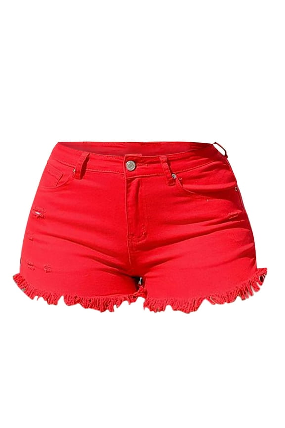 Jean Shorts for Women Spring/Summer Wash Vintage Worn Solid High Waist Beaded Edge Denim Red