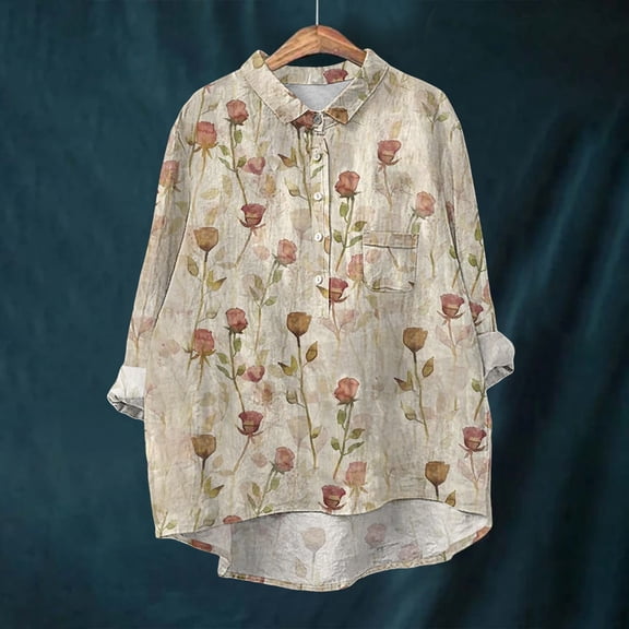 frariair Ladies Bohemian Inspired Long Sleeve Blouse Featuring Button Front And Loose Fit For Professional To Relaxed Settings Beige