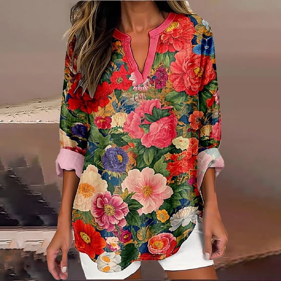 frariair Ladies Botanical Design V-Cut Tunic Top Soft Draping Fabric With Full Sleeves For Year Round Versatile Styling Beige