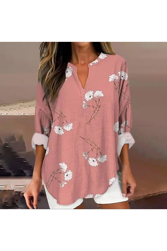 Ladies Botanical Design V-Cut Tunic Top Soft Draping Fabric With Full Sleeves For Year Round Versatile Styling Purple