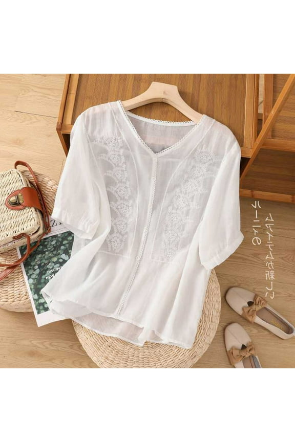 Ladies Breathable Natural Fiber Embroidered Blouse Flowy Loose Silhouette Beach Resort Wear For Warm Weather Activities White