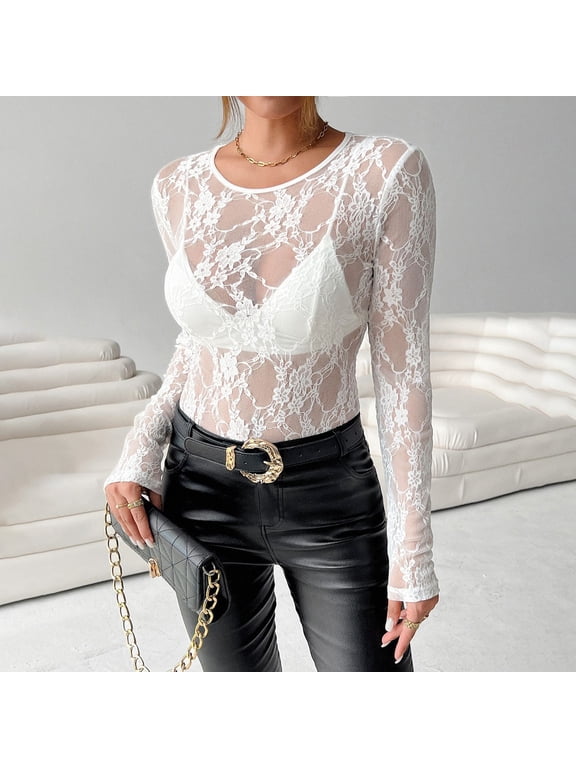Ladies Delicate Lace Detail Sheer Shirt Breathable Translucent Fabric With Crew Neck Design For Sophisticated Layering White