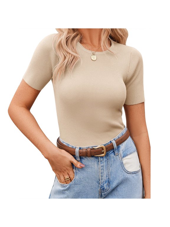 Ladies Elastic Ribbed Knit Tee Shirt Form Fitting Crew Neck Short Sleeve Blouse For Versatile Chic Style Beige