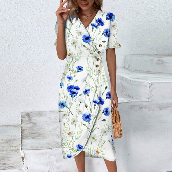 frariair Ladies Flowy Puff Sleeve Gown With Side Slit Detail And Flattering Silhouette For Wedding Guest And Cocktail Parties Blue