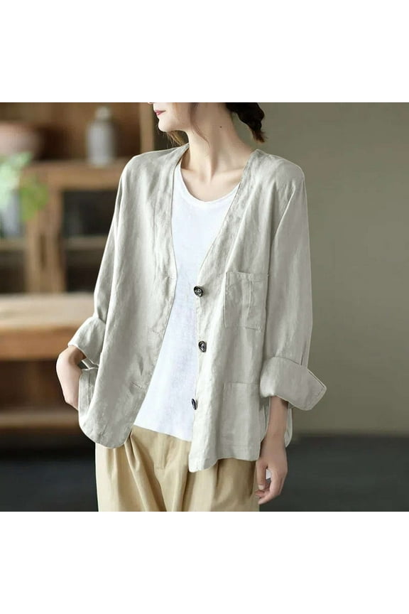 Ladies Lightweight Linen Blend Duster Jacket Casual Open Cardigan Style For Beach To Street Wear Beige