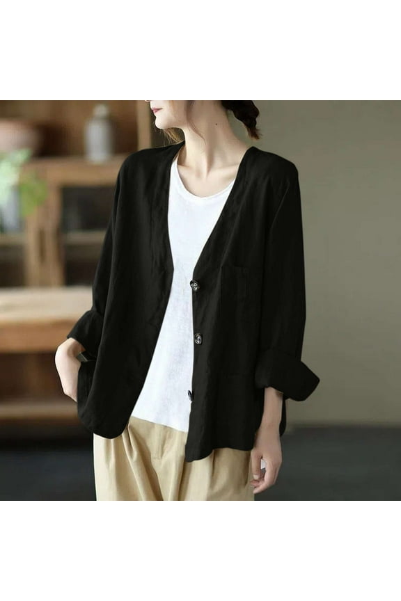 Ladies Lightweight Linen Blend Duster Jacket Casual Open Cardigan Style For Beach To Street Wear Black