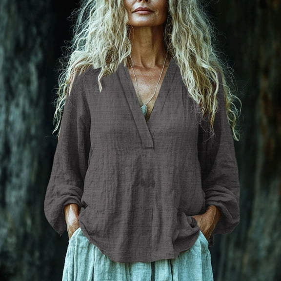 frariair Ladies Natural Fiber Longline Blouse Breathable Linen Feel Top With Side Vents For Professional Summer Office Attire Grey