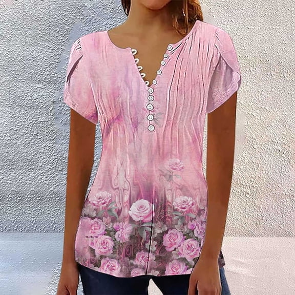 frariair ​Ladies Pleated Tunic Blouse With Puff Sleeves And Flowy Silhouette For Vacation Resort Wear And Date Night​ Pink
