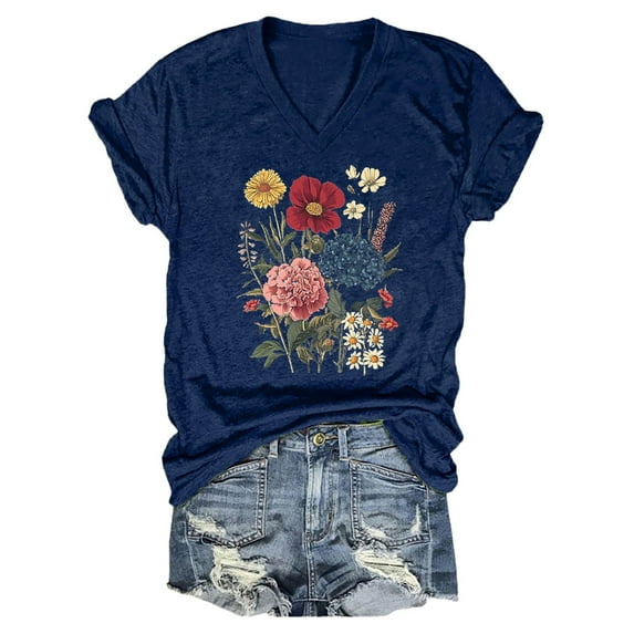 frariair Ladies Retro Inspired Wildflower Design Tee Shirt Breathable Cotton Blend For Festival Wear And Creative Everyday Styles Dark Blue