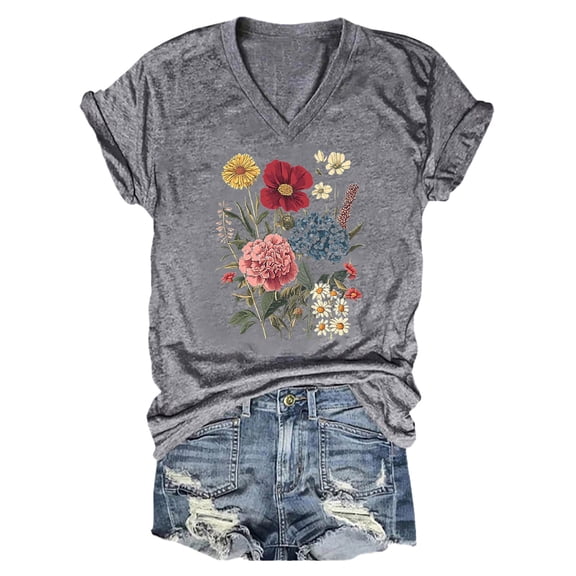 frariair Ladies Retro Inspired Wildflower Design Tee Shirt Breathable Cotton Blend For Festival Wear And Creative Everyday Styles Grey