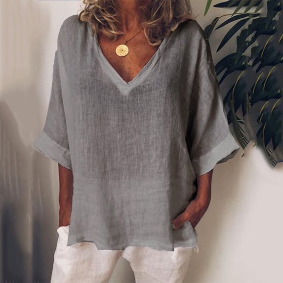 frariair Ladies Soft Knit V-Neck Tee Shirt Relaxed Fit Short Sleeve Blouse For Comfortable Office Casual And Weekend Outings Grey