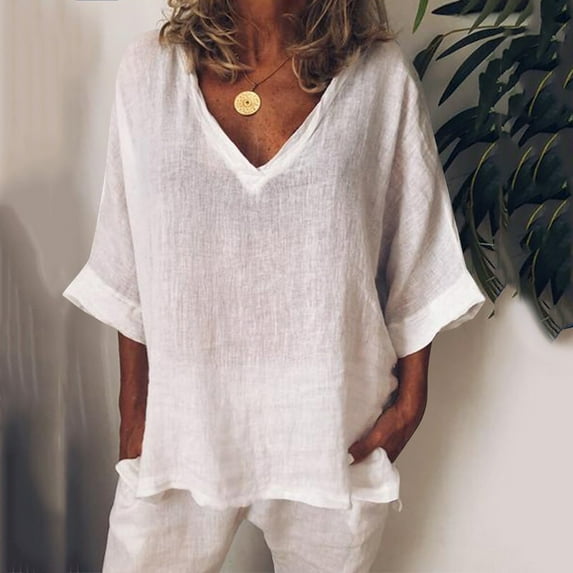 frariair Ladies Soft Knit V-Neck Tee Shirt Relaxed Fit Short Sleeve Blouse For Comfortable Office Casual And Weekend Outings White