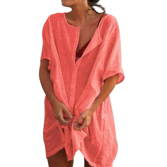 frariair ​Ladies Solid Color Linen Blend Top With Relaxed Fit And Deep Round Neck For Summer Sophisticated Layering​ Watermelon Red