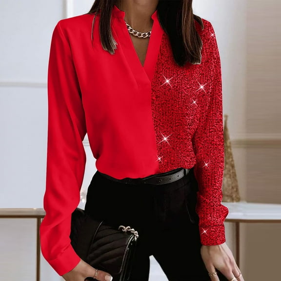 frariair Ladies Sparkling Contrast Fabric Statement Blouse With Textured Metallic Finish Dressy Shimmer Shirt For Evening Celebrations Red