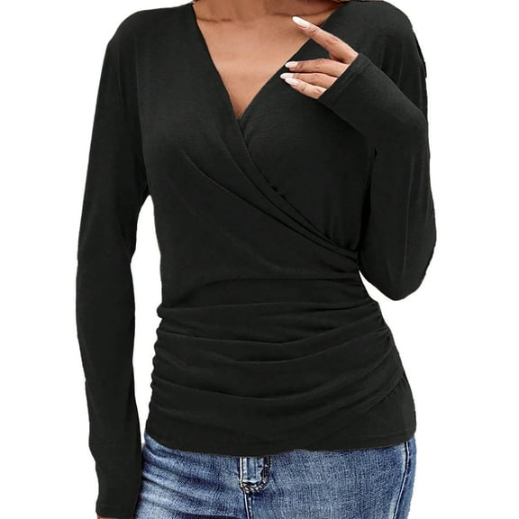 frariair Ladies Tailored Waist Accent V-Neck Shirt Structured Polyester Blend Tunic With Flattering Silhouette For Business Casual Black