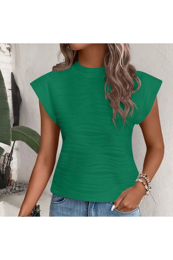 Ladies Textured Knit T-Shirt With Mock Neck Design Lightweight Breezy Fabric For Sophisticated Everyday Summer Style Green