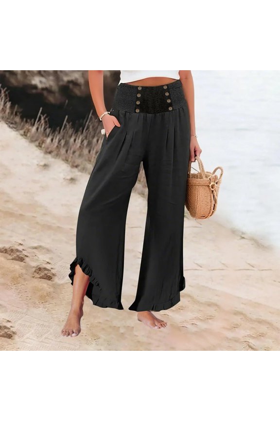 Linen Pants Women Palazzo Summer High Waisted Wide Leg Pant Pleated Beach Travel Trousers With Pockets Black
