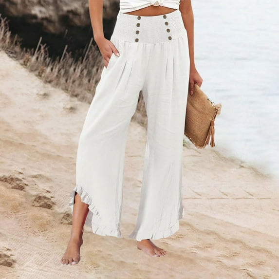 frariair Linen Pants Women Palazzo Summer High Waisted Wide Leg Pant Pleated Beach Travel Trousers With Pockets White