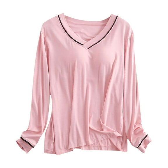 frariair Modal Pajamas women Long Sleeve Sleep T Shirt Basic Layer Stretchy Shirts Neck Pajama Top Pink