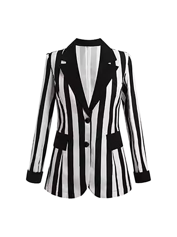 OBEEII Womens Striped Long Sleeve Single Breasted Button Vertical Striped Work Jacket Female Jacket Coat Casual Warm Outwear Padded Outerwear Coats Women's Jacket Casual Coat