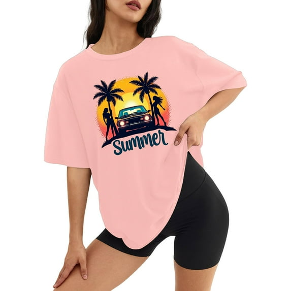 frariair Oversized Tshirts for Women Shirt Vintage Floral T Shirts Inspirational Graphic Tees Summer Casual Loose Beach Tops Pink
