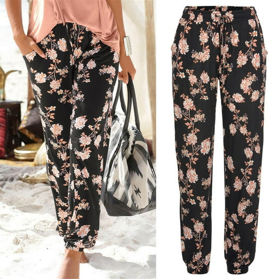 frariair Pants for Women Trendy High Waist Printing Easy Trousers Long Boho Beach Pockets Black