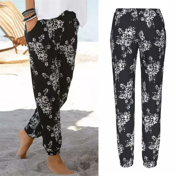 frariair Pants for Women Trendy High Waist Printing Easy Trousers Long Boho Beach Pockets Black