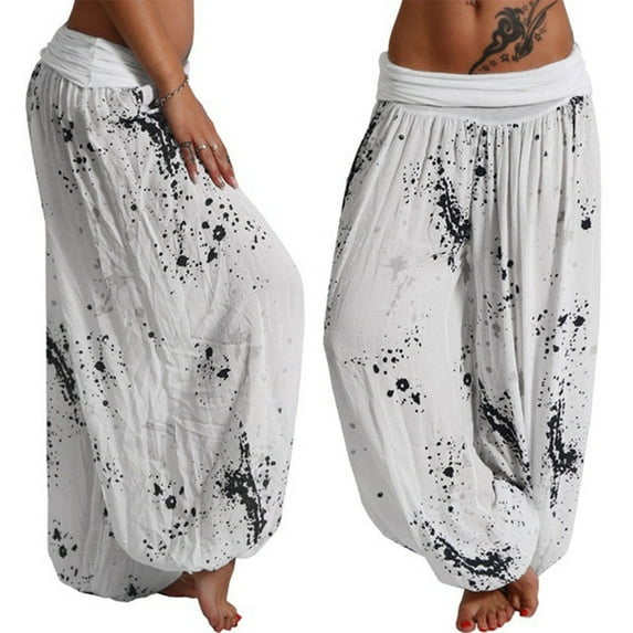 frariair Pants for Women Trendy Ladies Printed Band Width Loose Leg Women's Casual White