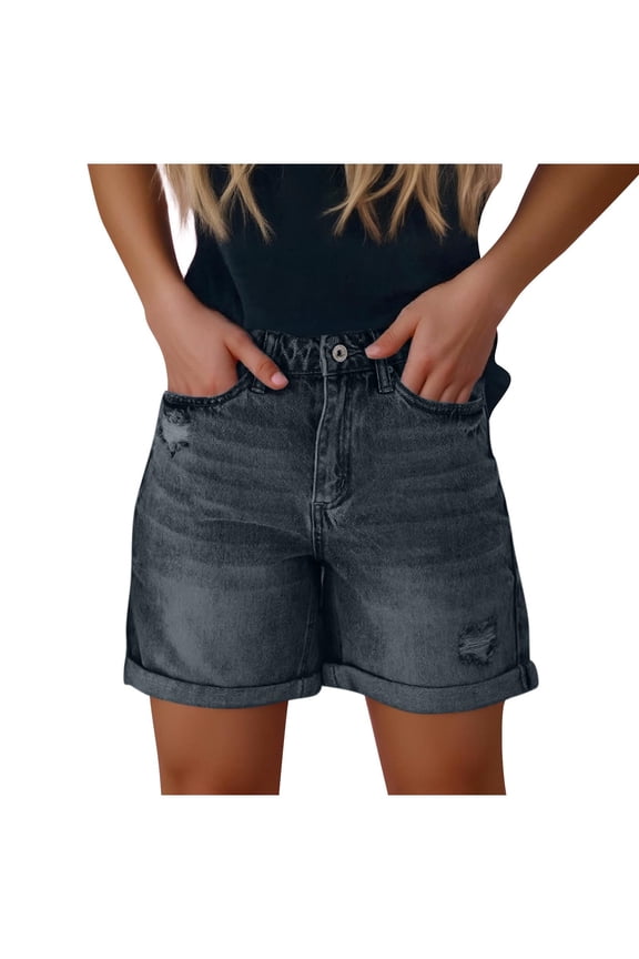 Plus Size High Waisted Distressed Denim Shorts For Women Stretchy Casual Summer Pocket Jean Shorts Loose Fit Navy XXL