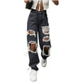 thumbnail image 1 of frariair Ripped Jeans Womens Women Button High Waist Pocket Elastic Hole Trousers Loose Denim Pants Black, 1 of 8