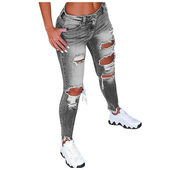 frariair Ripped Jeans Womens Women Solid Color Hole Low Waist Flares Ankle Fashion Pants Trouser Grey